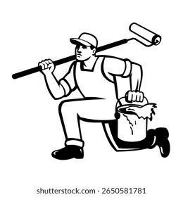 Ilustração em estilo de xilogravura retrô de um pintor de casas carregando lata de tinta e rolo de tinta correndo visto de lado para entregar a pintura em fundo isolado feito em preto e branco.