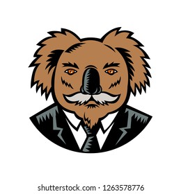 Retro woodcut style illustration of a koala, an arboreal herbivorous marsupial native to Australia, with moustache wearing a business suit coat and tie viewed from front done in full color.