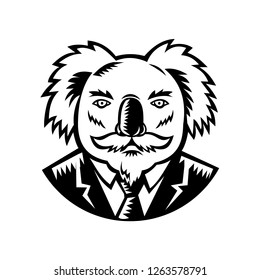 Retro woodcut style illustration of a koala, an arboreal herbivorous marsupial native to Australia, with moustache wearing a coat and tie viewed from front done in black and white.