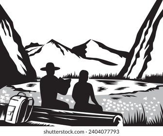 Retro woodcut style illustration of a male and female hiker tramper sitting on log reading with backpack leaning against log looking at meadow, small glacier lake with steep cliffs and mountains.