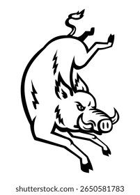 Retro woodcut style illustration of a razorback, wild boar, wild pig, hog, swine or Sus scrofa jumping viewed from front on isolated background done in black and white.