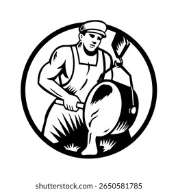 Retro woodcut style illustration of a vintage foundry worker or foundryman pouring metal on isolated background done in black and white.