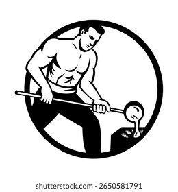 Retro woodcut style illustration of a vintage foundry worker or foundryman pouring metal into mold set inside circle on isolated background done in black and white.