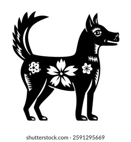 Retro woodcut style illustration of the year of the dog, a Chinese zodiac animal viewed from side on isolated background done in black and white.