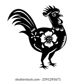 Retro woodcut style illustration of the year of the rooster, a Chinese zodiac animal viewed from side on isolated background done in black and white.