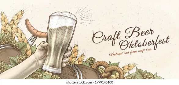 Retro woodcut style Oktoberfest banner with hand holding craft beer, pretzels, sausage and wheat ingredients