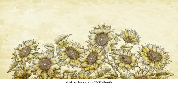 Retro woodcut style sunflowers garden in light yellow and beige