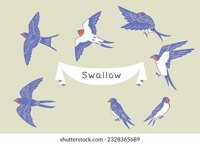 Retro woodcut-style set of hand-drawn swallow line art illustrations