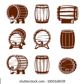 Retro wooden barrels set. Strongly knocked down vaults oak plank containers with taps and plugs brown containers for storing liquids convenient storage for cognac in distillery. Vector drink.