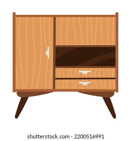 Retro wooden cabinet with shelves. Mid0century modern furniture. Scandinavian interior design. Warm hygge aesthetics. Flat cartoon hand-drawn style, isolated on white background