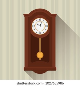 Retro wooden clock pendulum icon.retro chronometer isolated vector illustration in flat style with long shadow