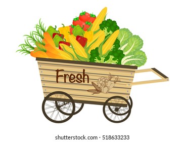 retro wooden crate with fresh logo vegetables. carrot tomato broccoli apple cabbage corn peach bell pepper. Vector illustration.