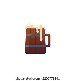Retro wooden glass of beer, flat vector illustration isolated on white background. Fresh beer with foam. Concepts of beer festival, Oktoberfest and party.