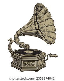 Retro wooden musical gramophone with brass horn speaker. Vintage turntable. Sketch vector illustration