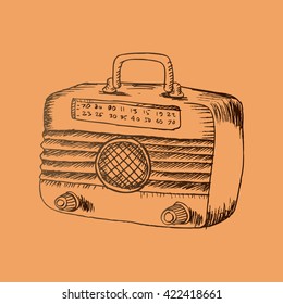 Retro wooden radio. Sketchy style.