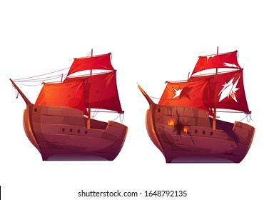 Retro wooden ships with red scarlet sail cartoon vector. Galleon or frigate and broken sailboat after sea battle. Ship in fire with holes in the hull isolated on white background