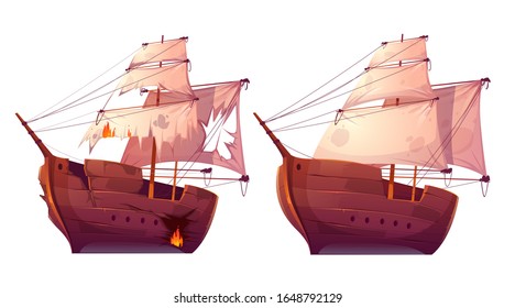 Retro wooden ships with white sail cartoon vector. Galleon or frigate and broken sailboat after sea battle. Ship in fire with holes in the hull isolated on white background