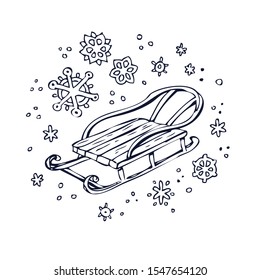 Retro wooden sled with Snowflakes. Hand drawn doodle Children sledding 