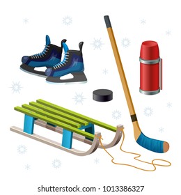 Retro wooden sled, stick, puck, hockey skates, thermos. Children sledding isolated on white. Winter outdoor games and sport for kids.