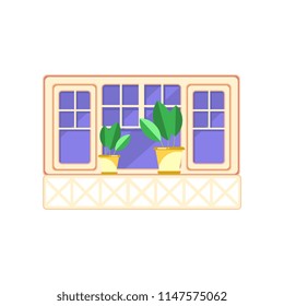 Retro wooden window frame and plants in ceramic pots, architectural design element vector Illustration on a white background