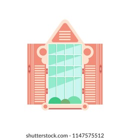 Retro wooden window frame with shutters, architectural design element vector Illustration on a white background