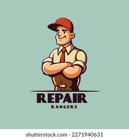 Retro worker with folded arms. Vector illustration of a man in a cap and shirt.