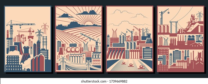 Retro Working Propaganda Posters Stylization, Industry Background, Factory Pipes, Construction Cranes, Buildings, Power Lines, Fields, Combine Harvesters