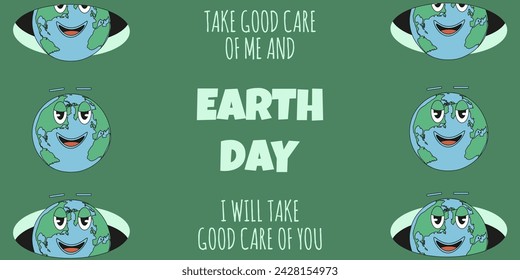 Retro World Day Earth horizontal banner with Cartoon planet frame in trendy Rubber Hose style. Groovy design save planet concept. Vector illustration for web. EPS 10 editable stroke