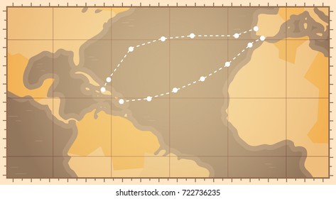 Retro World Map With Columbus Route Happy Colombo Day National Usa Holiday Concept Flat Vector Illustration