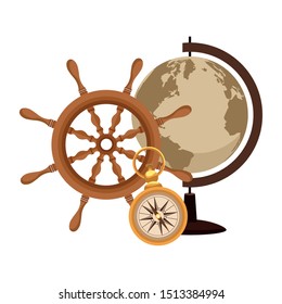 retro world map and compass with helm navigation vector illustration design