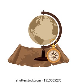retro world map and compass with paper navigation vector illustration design