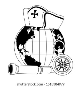 retro world map and compass and telescope navigation vector illustration design