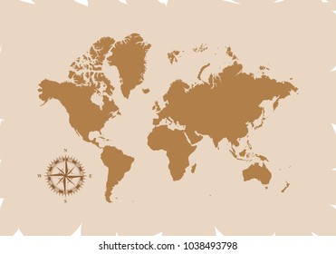 Retro world map with compass, vector illustration isolated on brown background.