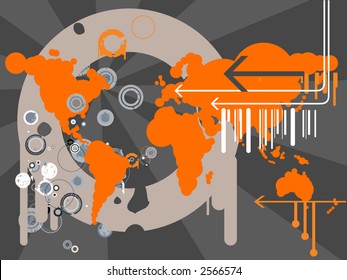 Retro world map with grunge effect and arrows. Concept: Focus on America