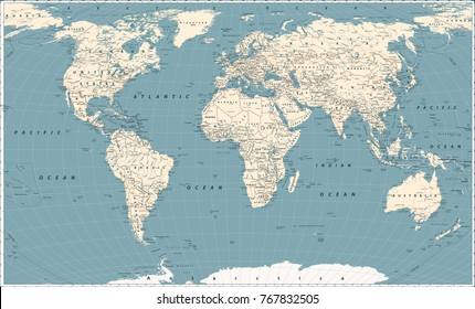 Retro World Map and Main State Roads. Large Detailed World Map vector illustration.