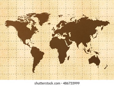 Retro world map on yellow old paper with texture