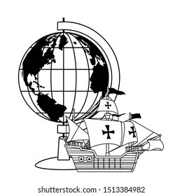 retro world map with ship navigation vector illustration design