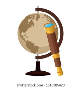 retro world map and telescope navigation vector illustration design