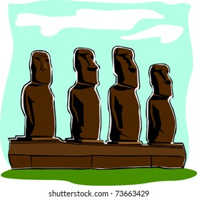 Retro World Wonder Easter Island Heads Vector Illustration