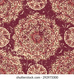 Retro worn carpet with oriental ornaments. Medieval vector graceful pattern on the shabby ancient fresco. Fragments of old ornate wall with ethnic tracery. Vintage grunge texture