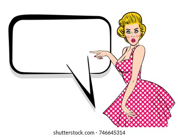 Retro wow surprised face open mouth. Blank speech bubble, empty comic text box. Female fashion breast. Pop art blonde woman vintage customer. Sexy young attractive pinup girl show finger