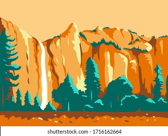 Retro WPA illustration of the Bridal Veil Falls in Yosemite National Park, California, United States of America done in works project administration style.