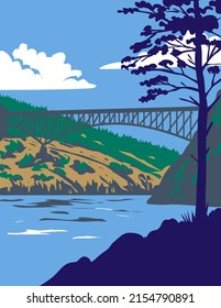 Retro WPA illustration of Deception Pass State Park with Whidbey Island and Fidalgo Island, in Washington State. USA done in works project administration or federal art project style. svg