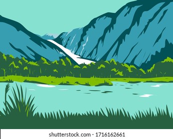 Retro WPA illustration of the Fox Glacier and Franz Josef Glacier in the South Island of New Zealand done in federal art project style.