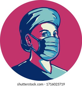 Retro WPA illustration of a nurse or essential worker wearing surgical mask set inside circle  done in federal art project style.