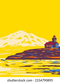 Retro WPA illustration of the San Juan Islands archipelago in Pacific Northwest between Washington state and Vancouver Island, Canada done in works project administration or federal art project style.