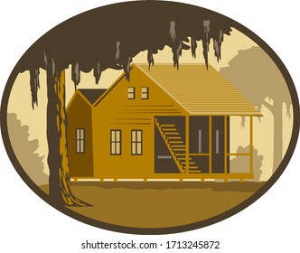 Retro wpa style illustration of a typical Cajun house, a country French architecture found in Louisiana and across the American southeast, maritime Canadian areas set in oval on isolated background.