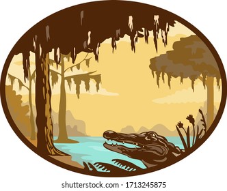 Retro wpa style illustration of a typical bayou, swamp or wetland found in the state of Louisiana and across the American southeast with alligator or gator set inside oval on isolated background.