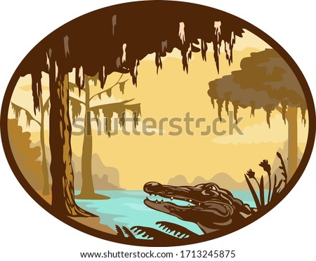 Retro wpa style illustration of a typical bayou, swamp or wetland found in the state of Louisiana and across the American southeast with alligator or gator set inside oval on isolated background. Stok fotoğraf © 