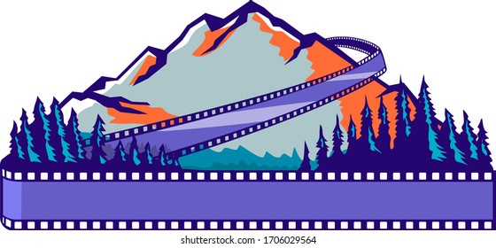 Retro WPA or Works Progress Administration art style illustration of a mountain and trees in foreground with flowing film strip or ,filmstrip reel coming from back to front on isolated background.